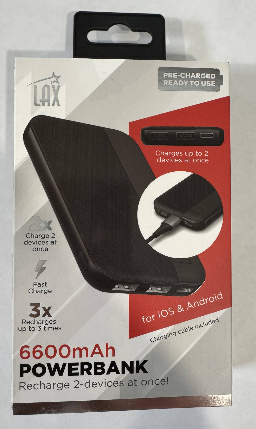 LAX Gadgets 6,600mAh Fast Charging Power Bank | Dual Output | Compact & Retail-Ready