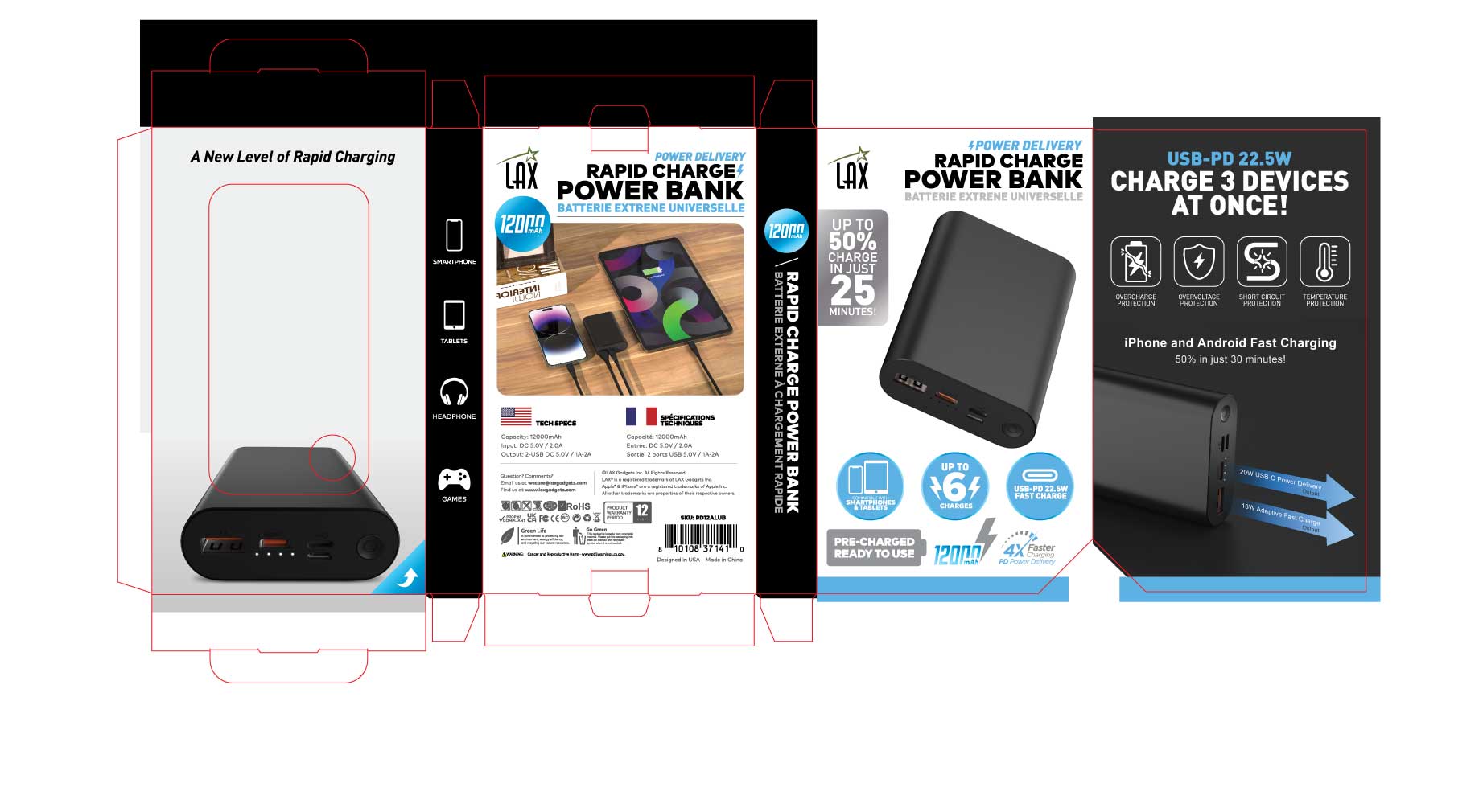 LAX Gadgets 12,000mAh High-Speed Portable Power Bank | Fast Charging | Dual Output