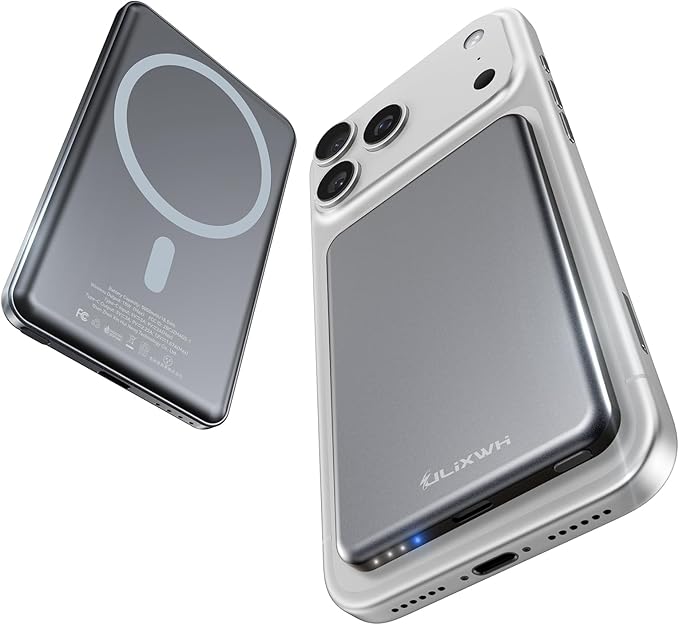 ULiXWH MagSafe Portable Charger for iPhone – Ultra Slim Alloy 5000mAh Fast Charging Magnetic Power Bank for iPhone 17 Air/16/15/14/13 Pro Max – Grey