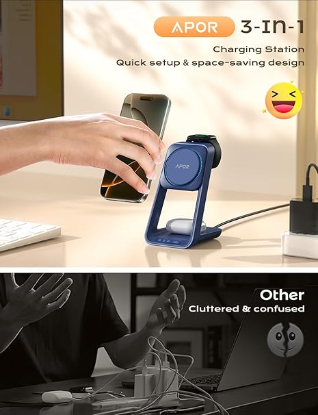 3-in-1 APOR Wireless Charging Station with Cooling Fan – iPhone 17/16/15/14/13/12, Apple Watch & AirPods 4/3 Charger – Black