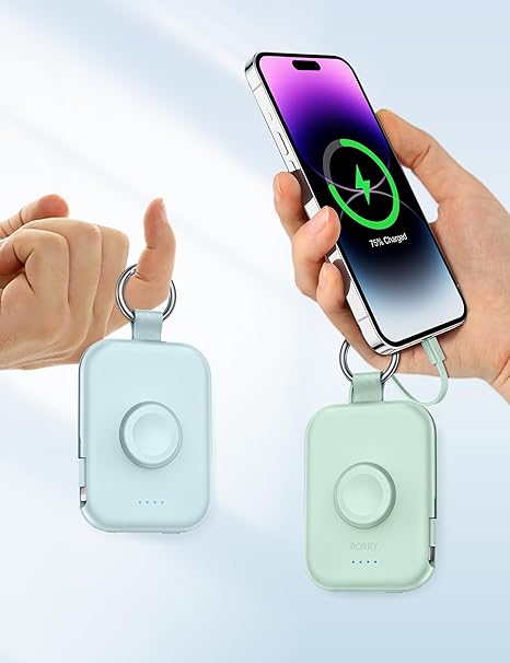 RORRY CharmGo Portable Charger — 5000mAh Power Bank with Built-in Cables, Travel Keychain, White