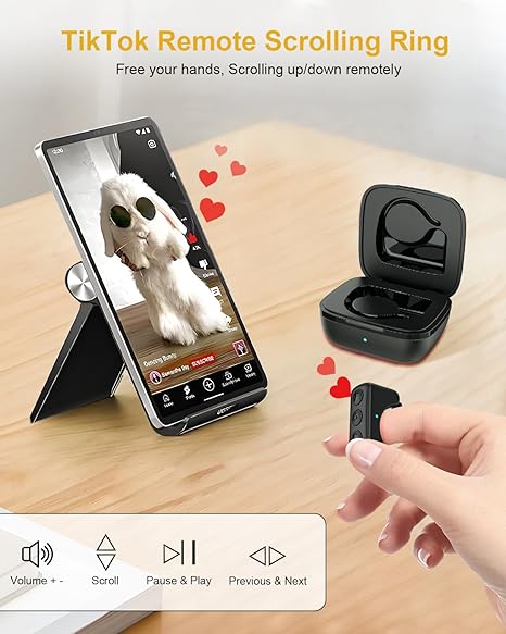 TikTok Remote Control – Bluetooth Scrolling Ring, Page Turner for Kindle, Camera Video Recording Remote for TikTok, iPhone, iPad, iOS & Android – Black