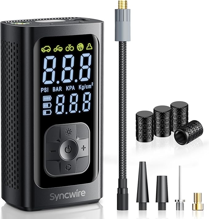 Syncwire Tire Inflator Portable Air Compressor – 150PSI 2X Faster Inflation, Smart Air Pump with Extra-Large LCD, Digital Pressure Gauge & Auto Shut-Off for Car, Motorcycle, Bike & Balls