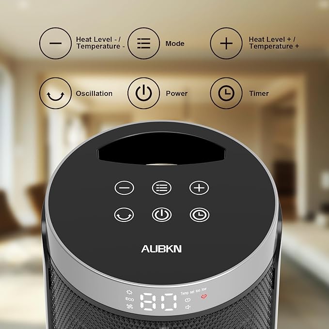 WINHL PTC150A Space Heater, Small Portable Electric Heater with Thermostat & Remote, 70° Oscillation, 12H Timer, 5 Modes, 1500W PTC Ceramic
