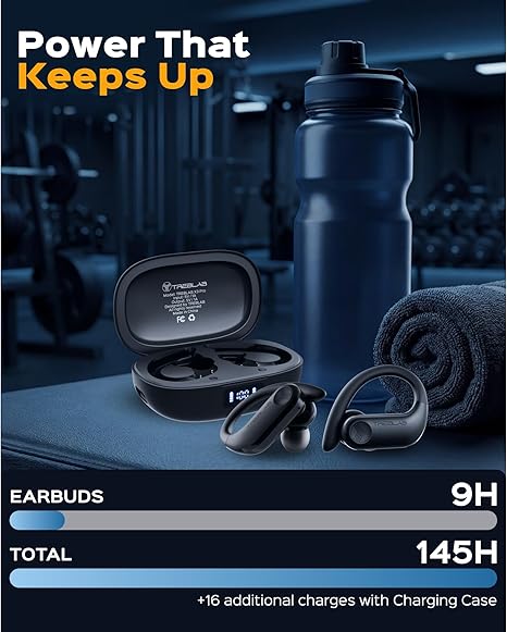 TREBLAB X3 Pro Sports Wireless Earbuds – Secure Ear Hooks, 9H Battery, IPX5 Sweatproof, Noise Isolation Bluetooth Workout Headphones