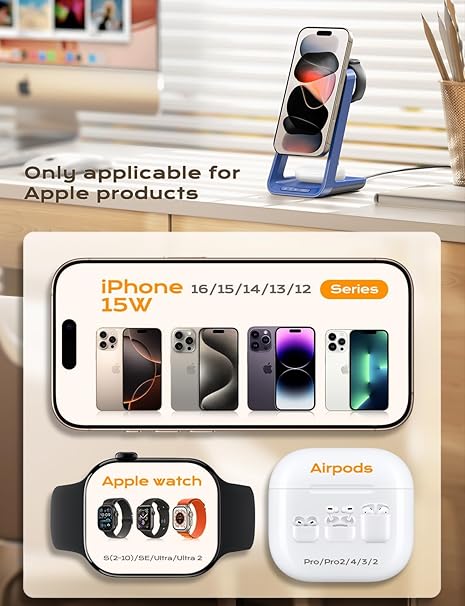 3-in-1 APOR Wireless Charging Station with Cooling Fan – iPhone 17/16/15/14/13/12, Apple Watch & AirPods 4/3 Charger – Black