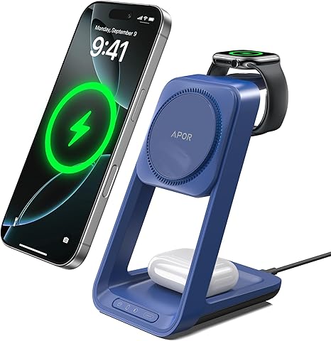 3-in-1 APOR Wireless Charging Station with Cooling Fan – iPhone 17/16/15/14/13/12, Apple Watch & AirPods 4/3 Charger – Black
