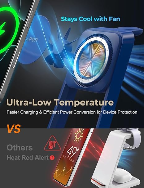 3-in-1 APOR Wireless Charging Station with Cooling Fan – iPhone 17/16/15/14/13/12, Apple Watch & AirPods 4/3 Charger – Black