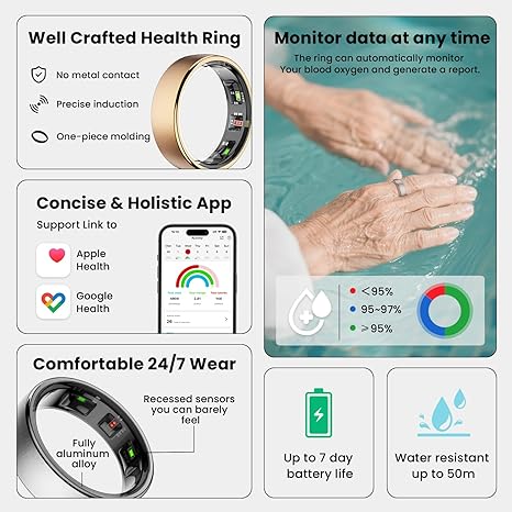 Smart Health Ring Sleep Tracker for Women & Men – Heart Rate, Blood Oxygen, Sleep Monitor, Steps & Calories, 5ATM Waterproof, No Subscription Fee – Rose Gold, Size 12