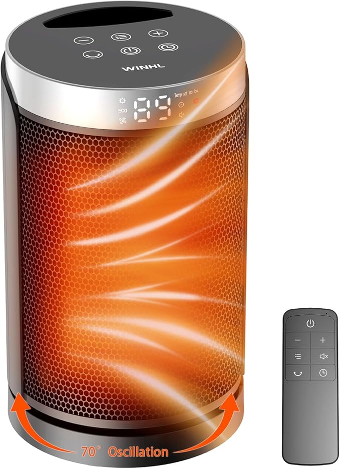 WINHL PTC150A Space Heater, Small Portable Electric Heater with Thermostat & Remote, 70° Oscillation, 12H Timer, 5 Modes, 1500W PTC Ceramic