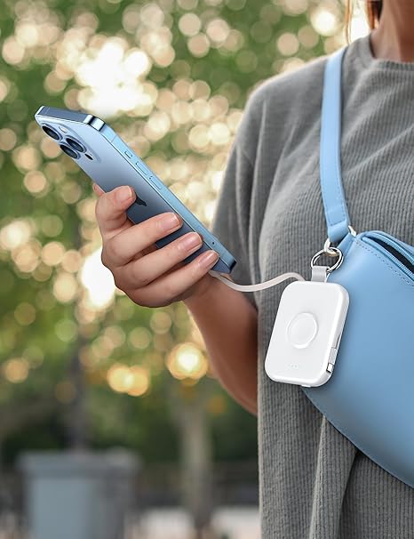 RORRY CharmGo Portable Charger — 5000mAh Power Bank with Built-in Cables, Travel Keychain, White