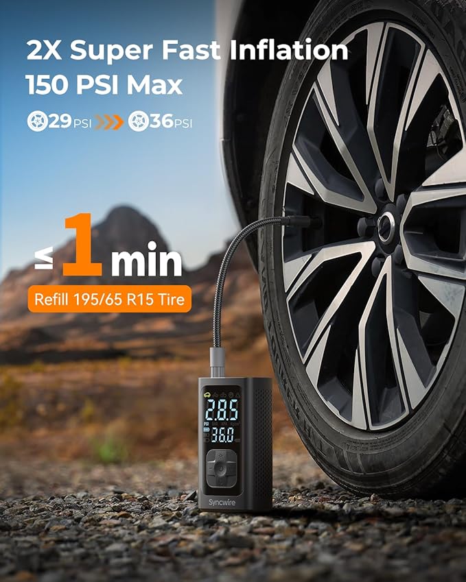 Syncwire Tire Inflator Portable Air Compressor – 150PSI 2X Faster Inflation, Smart Air Pump with Extra-Large LCD, Digital Pressure Gauge & Auto Shut-Off for Car, Motorcycle, Bike & Balls