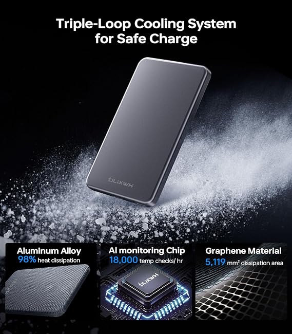 ULiXWH MagSafe Portable Charger for iPhone – Ultra Slim Alloy 5000mAh Fast Charging Magnetic Power Bank for iPhone 17 Air/16/15/14/13 Pro Max – Grey