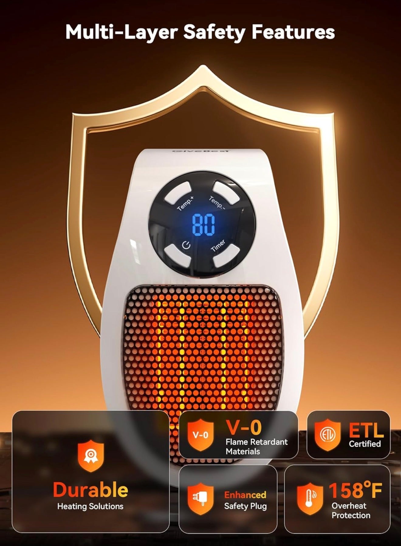 Vital Heater for Indoor Use — 400W Plug-In Portable Electric Space Heater with LED Display, Adjustable Thermostat & Timer