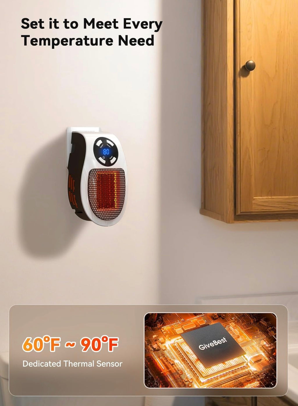 Vital Heater for Indoor Use — 400W Plug-In Portable Electric Space Heater with LED Display, Adjustable Thermostat & Timer