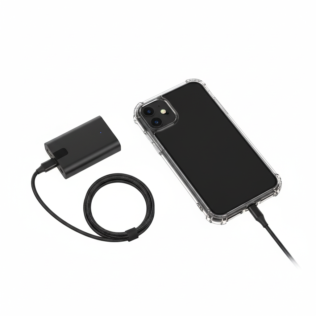 iPhone 11 with protective case and portable charger bundle on white background